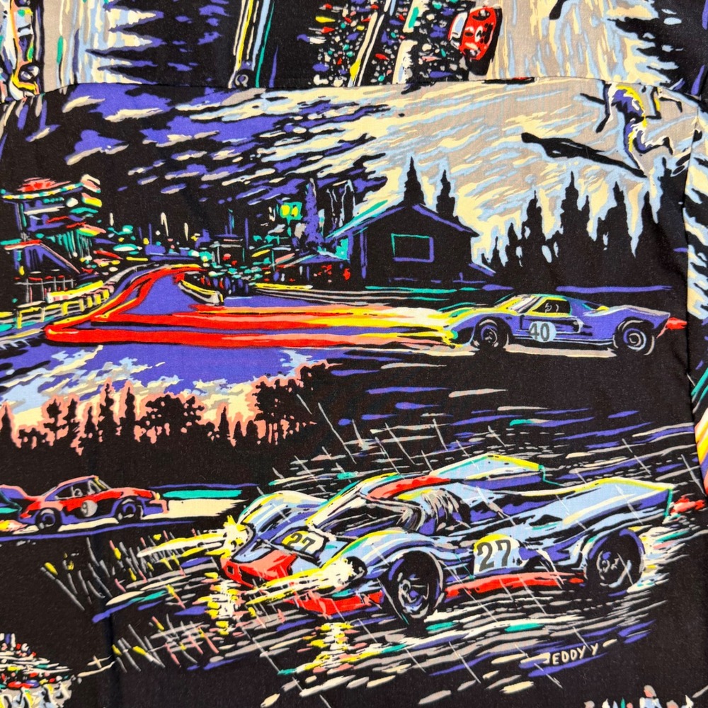 Vintage Hawaiian Shirt Monticerutti Men 2XL‎ Tall Black Grand Prix Race Car AOP - Picture 9 of 13